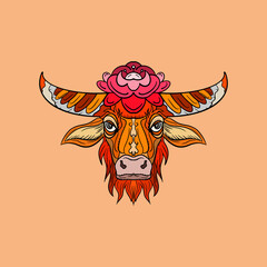 Hand painted cattle totem cultural pattern design

