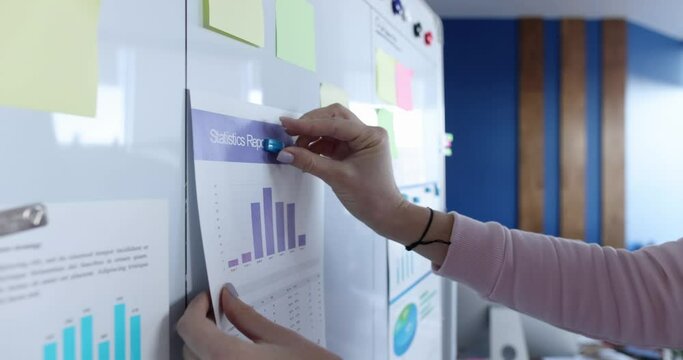 Business consultant attaches statistics report to white board in office