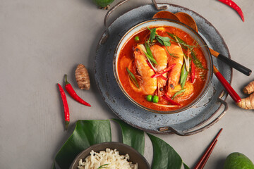 Red curry with chicken in bowl on light gray background.