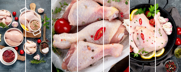 Collage of different raw chicken with spices and herbs for cooking.