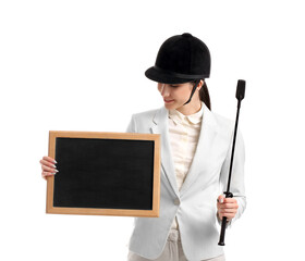 Female jockey with blank chalkboard on white background
