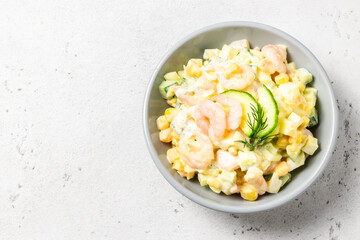 Healthy lettuce shrimp avocado  salad. Top view, copy space.
