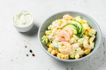 Corn creamy shrimp salad. Copy space.
