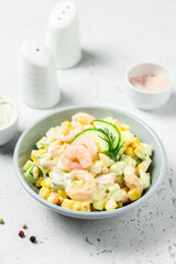 Keto garlic caesar shrimp salad. Copy space.
