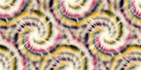 Seamless funky 1970s tie dye border motif pattern for surface design and print. High quality illustration. 70s funky psychedelic abstract hippie swatch. Multicolored spiral tiedye swirl textile design