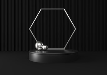 Black podium, pedestal or platform with silver elements. Advertising place scene.  3d Rendering