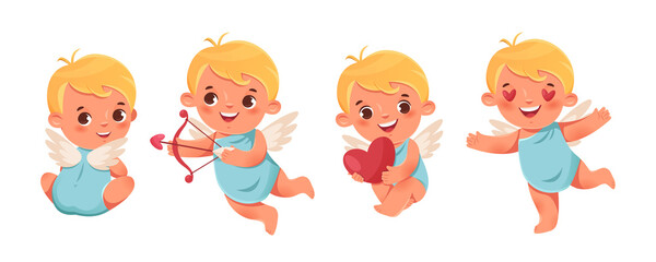 Funny cupid, little angels or amur. Cute little kids with heart. Romantic vector cartoon characters.