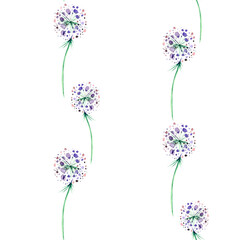 Watercolor garden flowers, branches and leaves of chives. Meadow plants botanical in seamless background for wallpapers, prints, textiles and fabric design. Dandelion flower. Art background 
