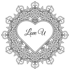 Mehndi flower with frame in shape of heart. decoration in ethnic oriental, doodle ornament.