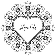 Mehndi flower with frame in shape of heart. decoration in ethnic oriental, doodle ornament.