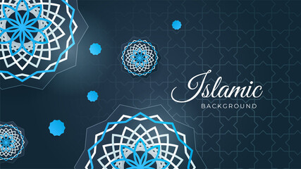Ramadan Kareem islamic background. Mandala Flat flower Blue pattern Islamic design background. Ramadan Kareem abstract luxury islamic elements background