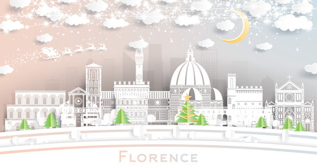 Florence Italy City Skyline in Paper Cut Style with Snowflakes, Moon and Neon Garland.