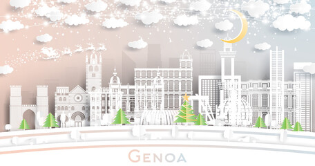 Genoa Italy City Skyline in Paper Cut Style with Snowflakes, Moon and Neon Garland.