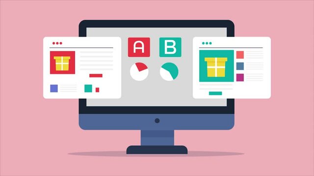 AB testing, split testing, webpage conversion optimization, comparing A and B. User experience research and marketing experiment campaign. 2d animation 4k video clip.