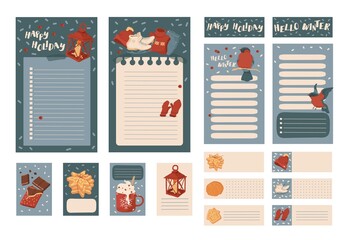 Winter to-do list template. Shopping list. Paper sheet. Winter time. Big set. Holidays, weekends, Christmas, New Year. Isolated vector colorful element. 