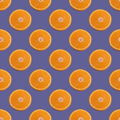 Seamless pattern of half of an orange isolated on Color of the year 2022 Very Peri. Trending color 2022. Minimal, food texture