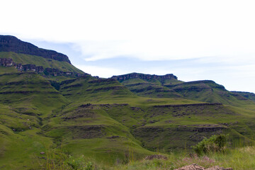 Drakensberg mountains at the border with Lesotho, South Africa. Rural scenery showing the spectacular landscape of South Africa. Tourism and vacations concept.