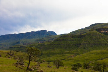 Fototapeta premium Drakensberg mountains at the border with Lesotho, South Africa. Rural scenery showing the spectacular landscape of South Africa. Tourism and vacations concept.