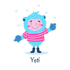 Fabulous Yeti monster in a red jacket waves a hairy paw.