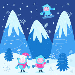 Two cute Yeti are standing in a clearing against the backdrop of mountains.