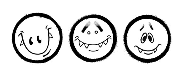 Three graffiti emoticons. Smiling face painted spray paint. Vector illustration on white background