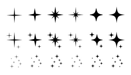 Obraz premium Shine sparkle star icon set. Twinkle star black silhouette for sparkle, glitter light, magic flare effect. Isolated vector illustration.