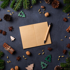 Christmas concept, notebook with letter to Santa Claus