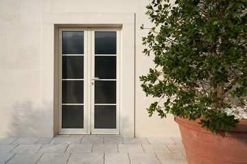 Beige pvc door with glass at the facade of a modern building