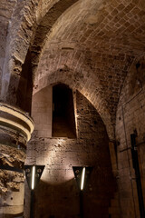 Reconstructed large stone dining room in the Crusader fortress of the old city of Acre in northern Israel