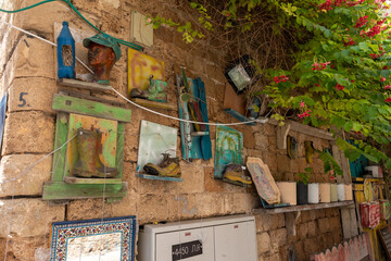 Decorative decorations in old quiet streets in the old city of Acre in northern Israel