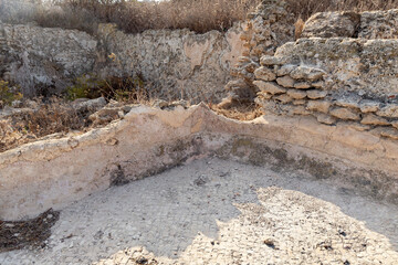 Remains  of an ancient mosaic of a 6th-century Orthodox church at Tel Shikmona, on the shores of the Mediterranean Sea, near Haifa city, on north of Israel