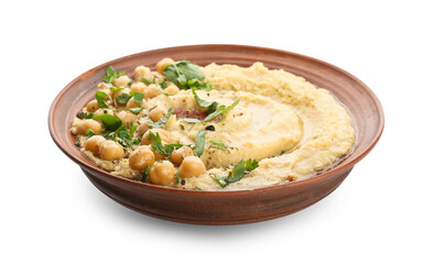 Bowl with delicious hummus on white background
