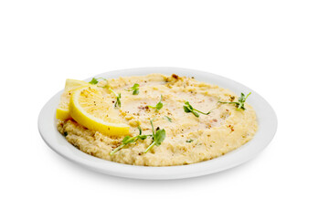 Plate with delicious hummus and lemon on white background