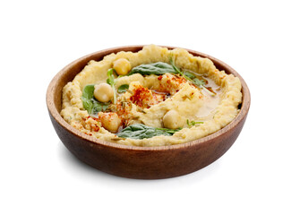 Bowl with delicious hummus on white background