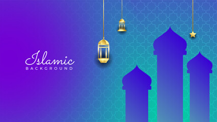 Ramadan Kareem background. Ornamental mosque arabic blue purple gold pattern Islamic design background. Islamic Background design for Ramadan Kareem