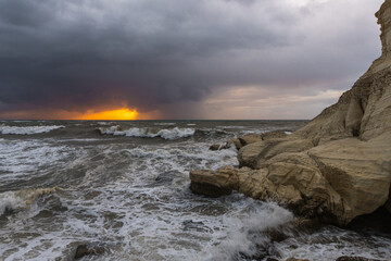 Stormy  weather in the evening at sunset on the Mediterranean coast near Rosh HaNikra in Israel