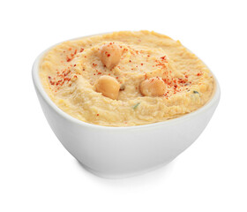 Bowl with delicious hummus on white background