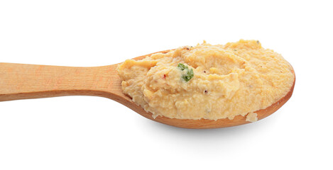 Spoon with delicious hummus on white background