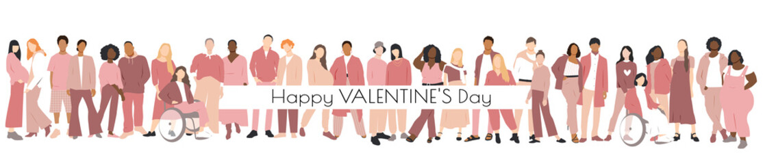 Happy Valentine's day banner. Multinational couples. Flat vector illustration.
