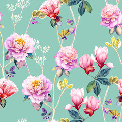 Flowers watercolor illustration.Manual composition.Seamless pattern.Design for cover, fabric, textile, wrapping paper . - 475036803