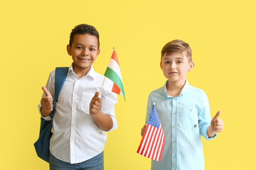 Pupils of language school with different flags on color background