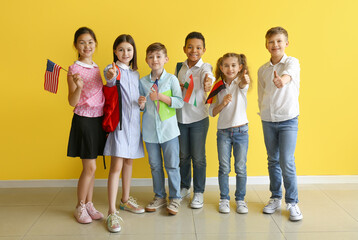 Pupils of language school with different flags showing thumb-up on color background