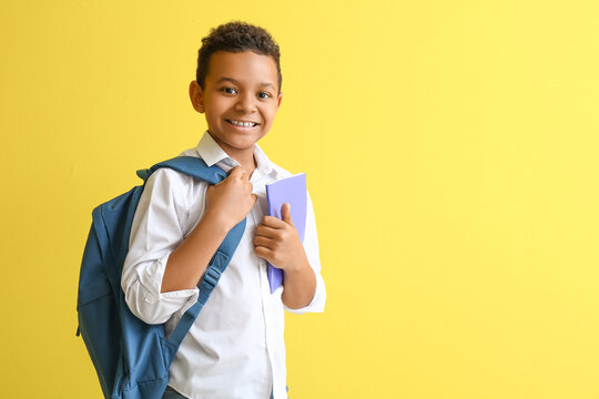 Little African-American student on color background