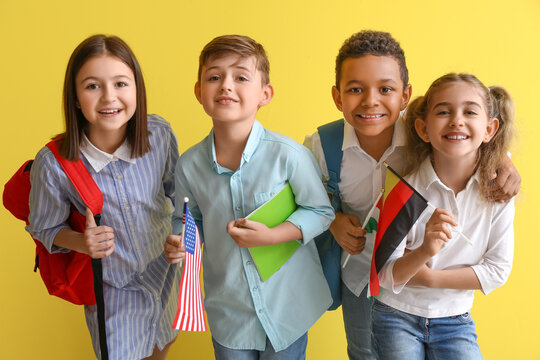 Pupils of language school with different flags on color background