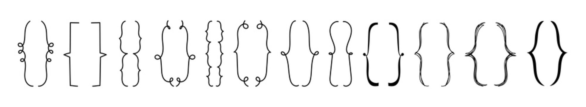 Doodle set of curly braces for text. Hand-drawn brackets in various shapes. Vector doodle illustration of rounded and double parentheses isolated on white.