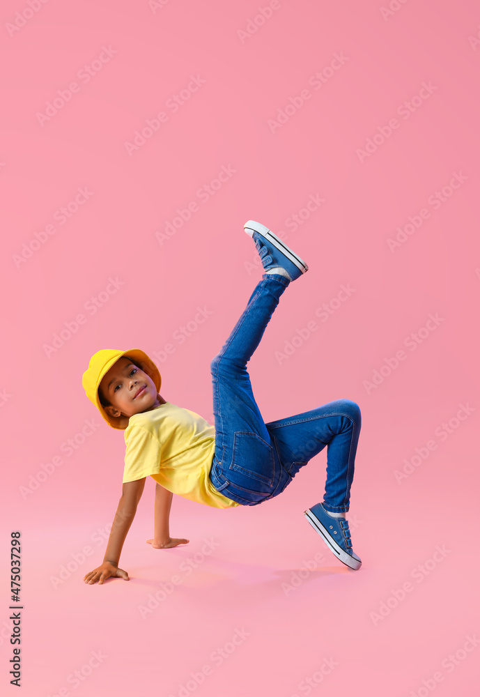 Sticker dancing african-american boy on color background