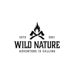 Black and white illustration of crossed axes, fire on a background with a texture. Vector illustration in vintage style with grunge texture for emblem, print, label, badge and sticker.