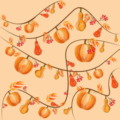  Vector autumn pattern with orange and yellow autumn pumpkins and leaves. Elements of the autumn season.