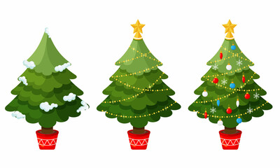 Christmas trees in pot before and after decoration. Fir tree in the snow, with a garland, with Christmas balls, a star, lights are isolated on a white background. Vector illustration