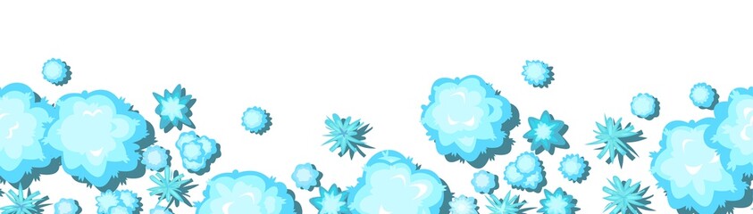 Winter landscape top view. Horizontal composition. Snowy frosty nature in cold season. From high. White drifts of snow. Seamless Illustration in cartoon design. Isolated on background. Vector